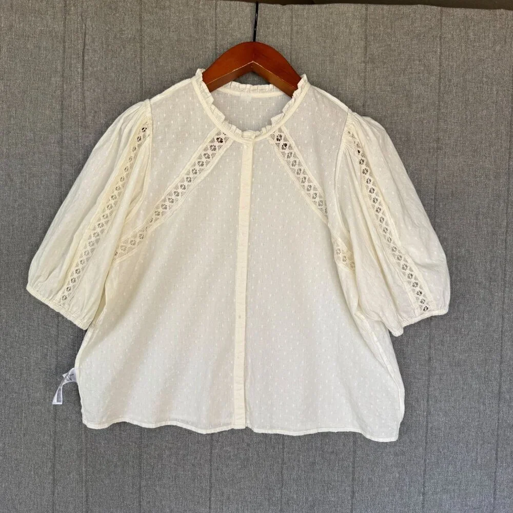 Old‎ Navy Creme De La Creme Cotton Puff-Sleeve Lace-Trim Clip-Dot Blouse Size XL